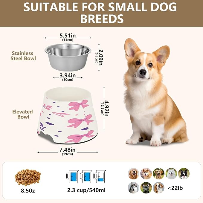 YETTASBIN Cute Bows Ribbons Elevated Dog Bowls, Prevention of Vertebrae Disease Raised Dog & Cat Bowl Stand with Removable Stainless Steel Bowls, Non-Slip Spill-Proof Pet Food & Water Bowl Dish