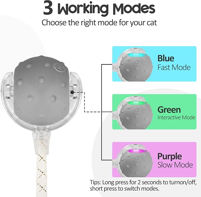 Interactive Cat Toys Ball,Automatic Moving Ball Toy,Rechargeable | Smart Electric Moving Stimulating with Two Elastic Mesh Tails, Chirping & Obstacle Avoidance and Motion Activated, Grey