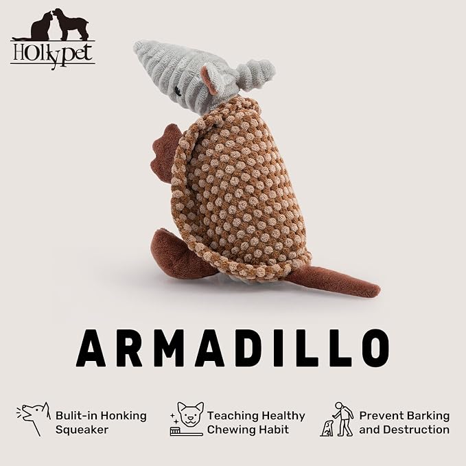 Hollypet Armadillo Squeaky Puppy Dog Toys for Small Medium Dogs, 8" | plush stuffed small dog squeak animal toy with unique grunt squeaker textured fabric for teeth cleaning toys