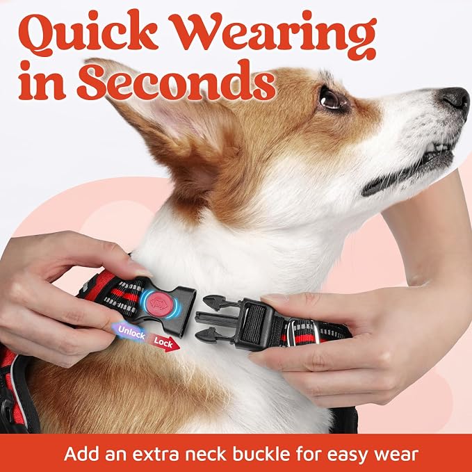 rabbitgoo Dog Harness for Large, No Pull 3 Buckles Easy On & Off | Soft Padded, Walking with Control Handle, Adjustable and Reflective, Red, X-Large