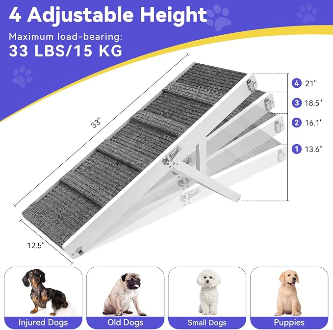 2026 Upgraded Dog Ramp for Couch, Foldable Small Dog Ramp for Sofa, 4 Adjustable Height from 13'' to 21", Portable Stable Pet Step with Non-Slip Pad, Pet Ramps Use for Couch Stairs, White