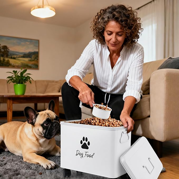 Dog Food Container 13lb, The storage container for small and medium-sized dog and cat food measures 13 inches (length) x 7.1 inches (width) x 11 inches (height), with enough space to hold 13 pounds of pet favorite dry food., 13lb, Metal, Black