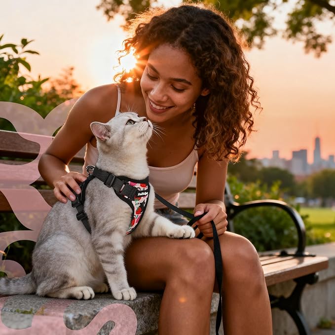 rabbitgoo Cat Harness and Leash Set, Escape Proof Vest, Berry Pounce | Soft Breathable Mesh, Easy Adjustable Fit, Snap Buckles, Sturdy Clip, Reflective Strips, for Average Cats Walks, S