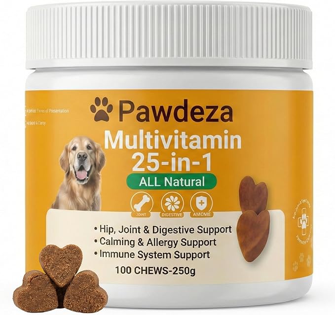25-in-1 Dog Multivitamin Soft Chews – Hip & Joint, Skin & Coat, Immune, Digestive & Calming Support – 500M CFU Probiotics, Salmon Oil, Glucosamine & Chondroitin