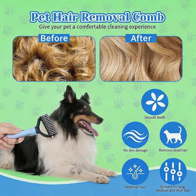 Dog Finger Toothbrush Combo& Undercoat Rake Brush for Dogs and Cats, Double Sided Shedding and Dematting Tool for Long Haired Pets, Extra Wide Grooming Brush with Flea (Blue)