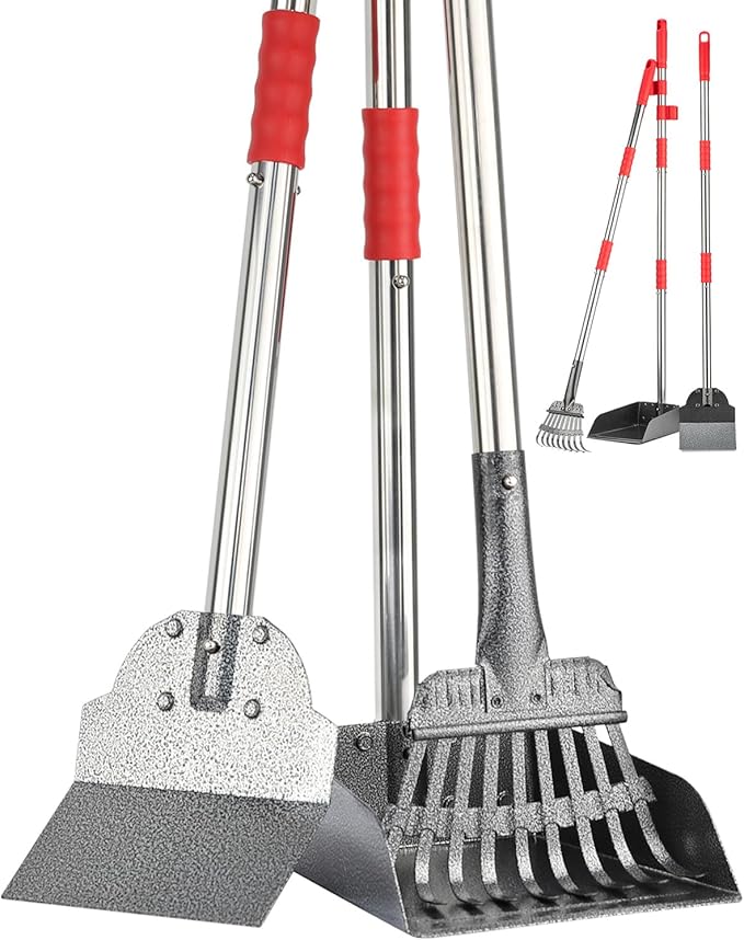 FUSBUNTY Pooper Scooper, Long Handle Dog Pooper Scooper, Heavy Duty Stainless Steel Rake with Tray & Spade Set for Pet Waste Removal, for Grass, Dirt or Gravel
