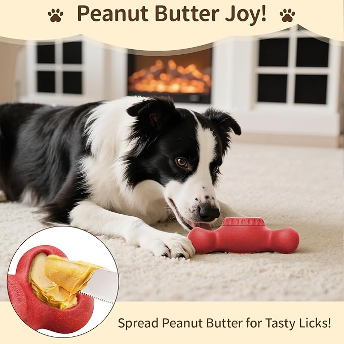 3-in-1 Enrichment Dog Toy for Aggressive Chewers, Frozen Treat Toy & Interactive Treat Dispenser with Peanut Butter Grooves, Long Lasting Chew Toy for Large Dogs, Easy to Clean, Red