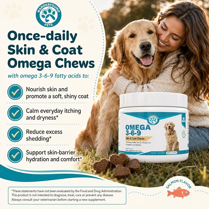 Wanderfound Pets - Omega 3 for Dogs, Skin and Coat Fish Oil, Dog Itch Relief, Soft Chews