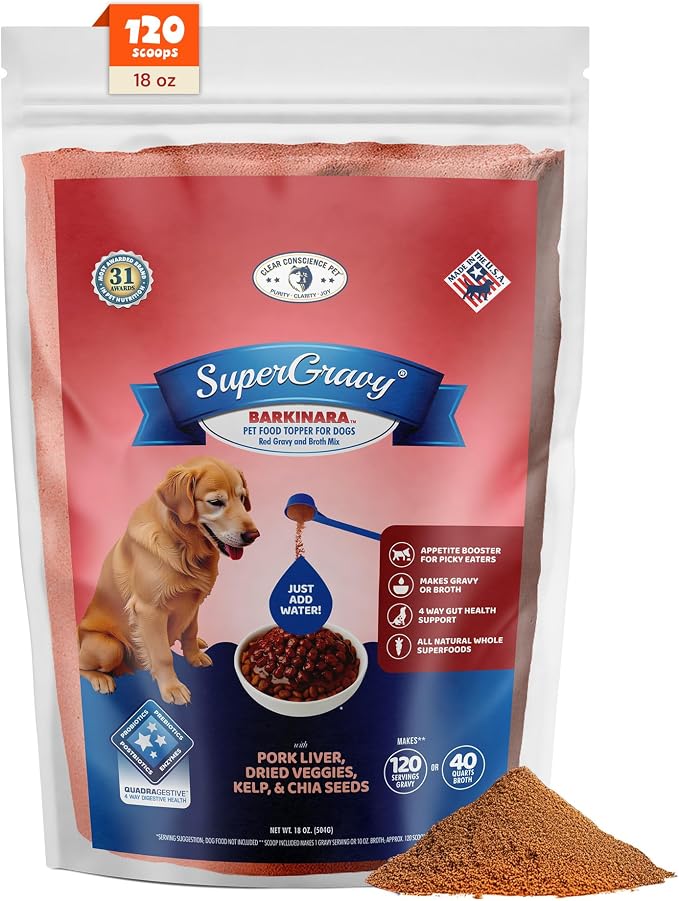 CLEAR CONSCIENCE PET® Barkinara SuperGravy® Dog Food Topper Hydration Broth Mix Greek Yogurt Cheese Blend Kibble Seasoning Probiotics Prebiotics Enzymes Taurine 18 oz. 120 Scoop, All Life Stage