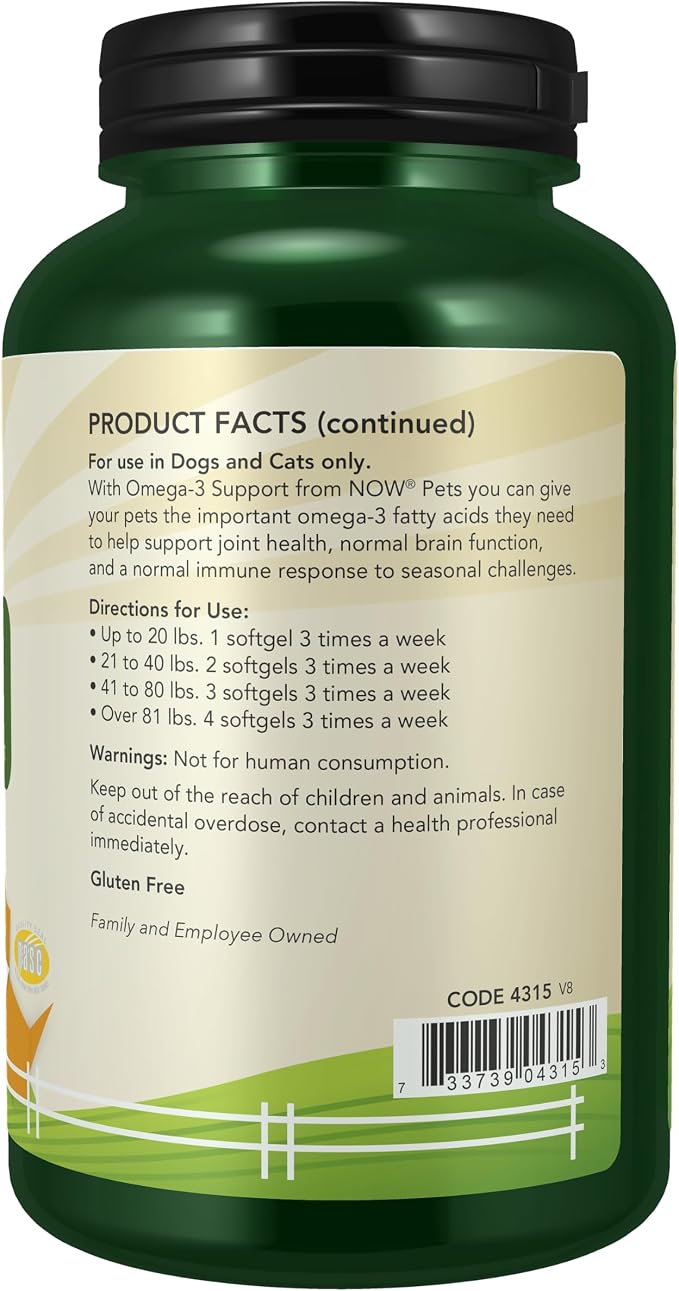 NOW Pet Health, Omega 3 Supplement, Formulated for Cats & Dogs, 180 Softgels