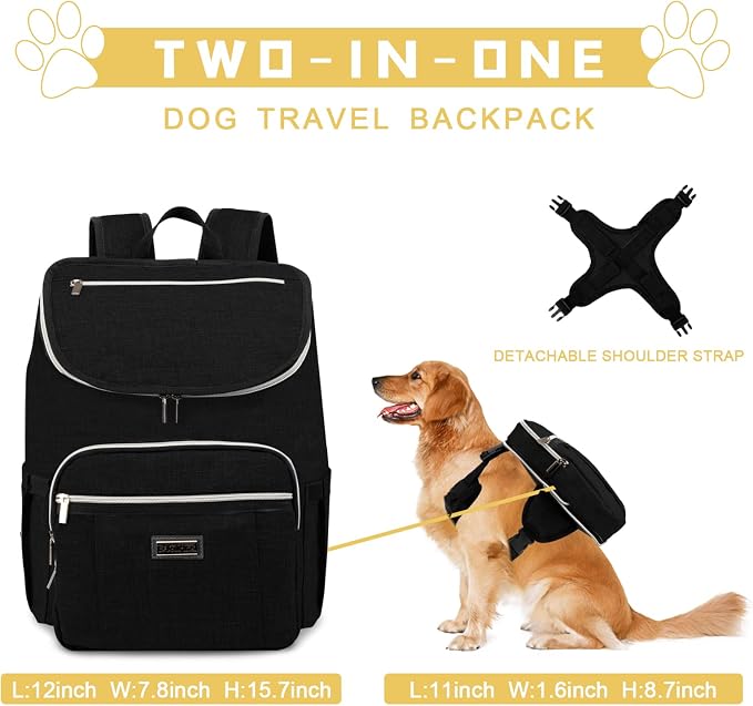 BAGLHER Travel Dog Backpack - Detachable Travel Dog Food Container for Pet Supplies Dog Gear Backpack,Dog Bag for Traveling with 2 Silicone Collapsible Bowls and 2 Food Baskets Black
