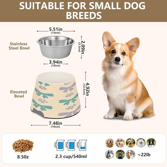 Blueangle Elevated Dog Bowls with Stainless Steel - Non-Slip 2.3 Cup High Capacity Pet Dish for Spinal Health & Bows and Flowers Design（405）