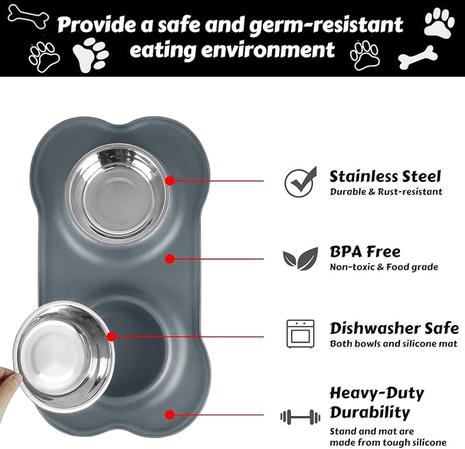 AsFrost Dog Food Bowls, BPA Free Stainless Steel Dog Food and Water Bowl Set, 2 Large Dog Bowls with No Spill Non-Skid Silicone Mat, Dog Dishes for Medium Large Sized Dogs Pet Bowls, 6 Cup, Grey