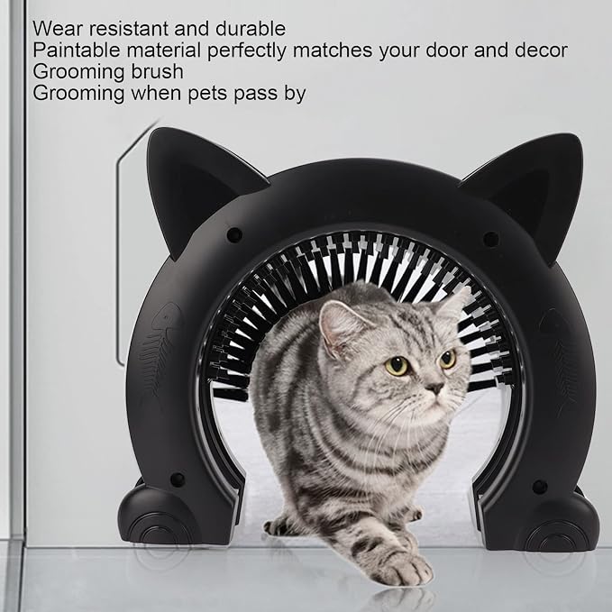 Cat Door Interior Door with Grooming Brush,Cat Brush for Long or Semi Short Haired for Shedding Removing Loose Fur and Massage (Black)