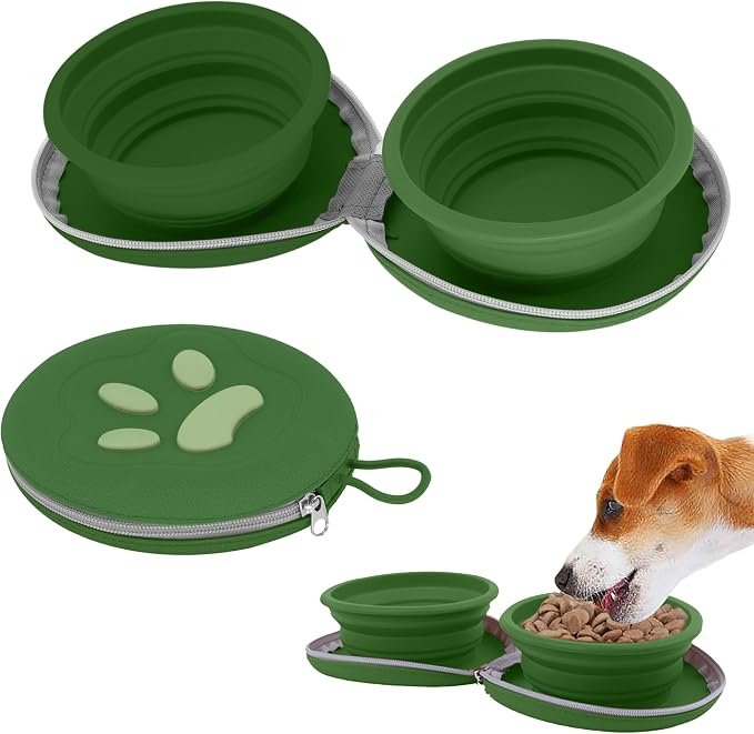 Collapsible Dog Bowls, 2-in-1 Double Bowl, 25oz, Green