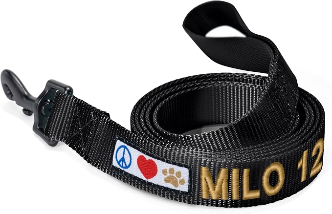 Pawtitas Personalized 6 ft Black Dog Leash XS/S Custom Name and Phone Embroidery Strong Nylon Leash for Small Breeds