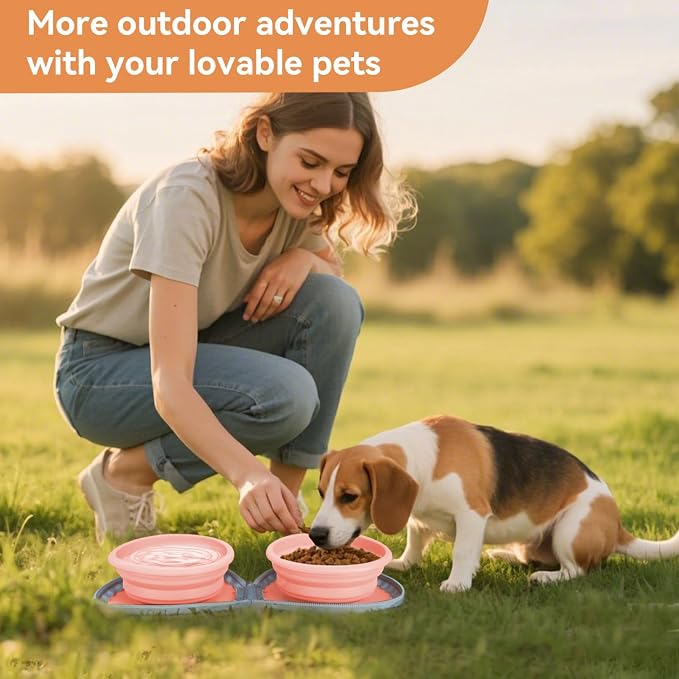 Collapsible 2-in-1 Dog Bowls, Leakproof Double Silicone, Pink