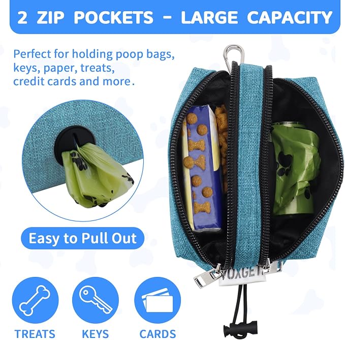 Dog Poop Bag Holder for Leashes, Puppy Treat Pouch Carrier with 2 Zipper Pockets and Clip for Pets Doggy Training, Dog Waste Bag Dispenser with 1 Roll Poop Bags for Walking Accessories (Green)
