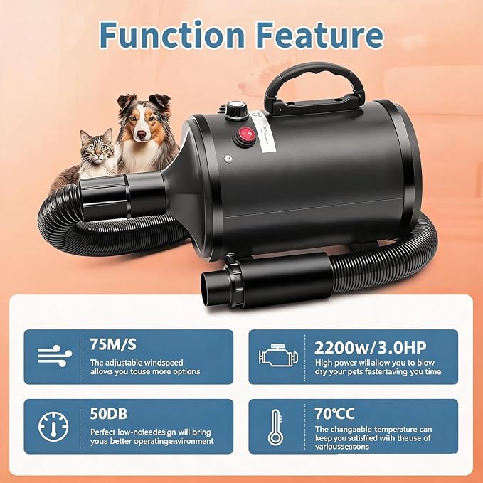 Dog Dryer High Velocity Dog Hair Dryer 3.0HP/2200W, Stepless Adjustable Speed Temperature Dogs Grooming Blow Dryer, Pet Dryer with 4 Nozzles,Blow Dryer for Dogs, Black