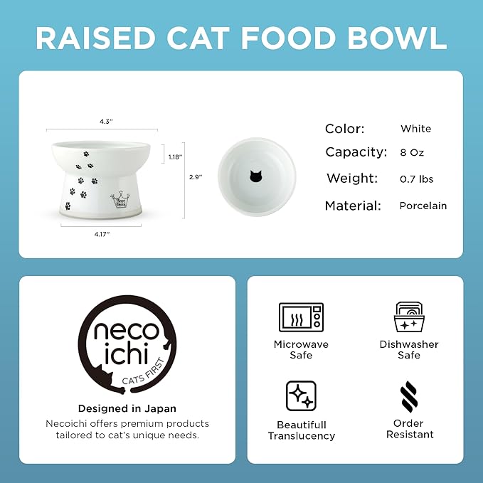 Necoichi Raised Cat Food Bowl – Ceramic Elevated Cat Bowl for Whisker & Neck Fatigue, Dishwasher Microwave Safe – Non-Slip & Anti Vomiting Ergonomic Design (Cats, Regular, 1-Cup Capacity)