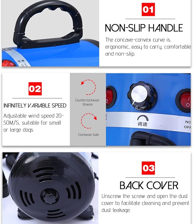 Pet Dryer for Dog, High Velocity Dog Hair Dryer, Less Noise Dog Blow Dryer, Professional Pet Grooming Dryer,Stepless Adjustable Speed, Heat Insulation, 4 Different Nozzles