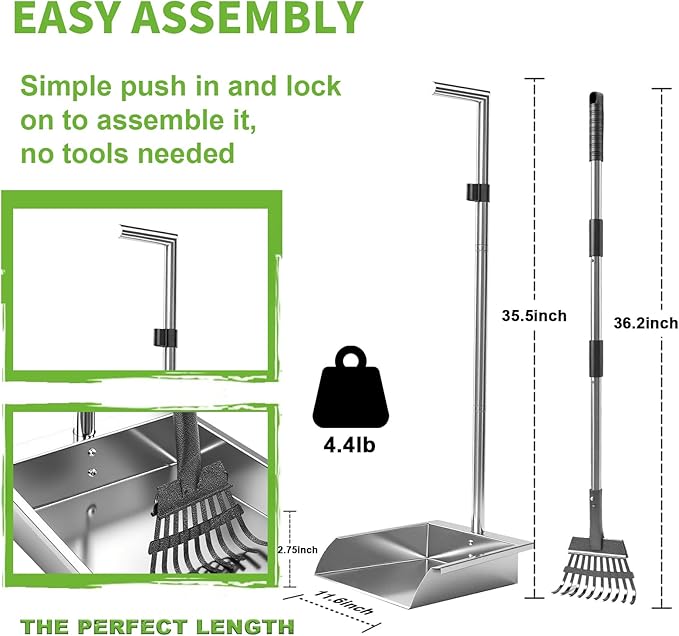 Pooper Scooper for Large Dogs,Dog Pooper Scooper Heavy Duty Long Handle Metal Tray Rake Shovel Set,Extremely Durable Metal Stainless Steel Dustpan for No Bending Clean Up Yard Grass.