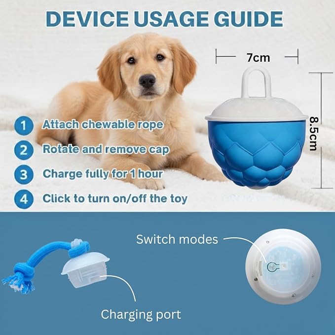Interactive Dog Toy with Rope Smart Motion Activated Dog Ball USB Rechargeable 3 Speed Modes Durable Automatic Dog Toy for Puppies