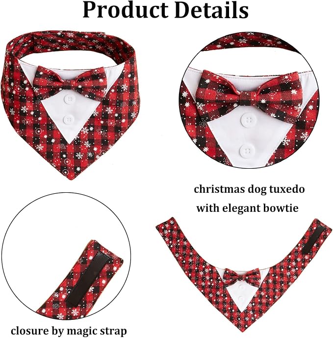 Adjustable Red Plaid Christmas Dog Tuxedo Bandana with Bow Tie, X-Large, XS, Red