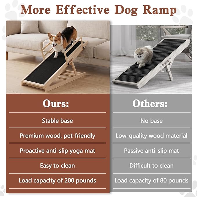 Dog Ramp for High Bed, Couch, Car, Pet Ramps 47" Long Adjustable 6 Height from 20.3"-27" Wooden Dog Step with Anti-slip Yoga Mat & Safety Side Rails for Small Medium Older Pets, up to 200 lbs