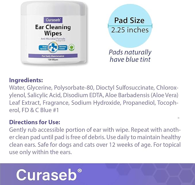 Curaseb Cat and Dog Ear Wipes, 100 Wipes