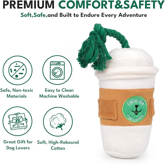 CHEWFFON Squeaky Dog Toy, Interactive Plush Tug & Treat Toy | Coffee Cup Design, Crinkle Sound for Boredom, Side Pocket, Enrichment Fun for Small Medium Large Dogs