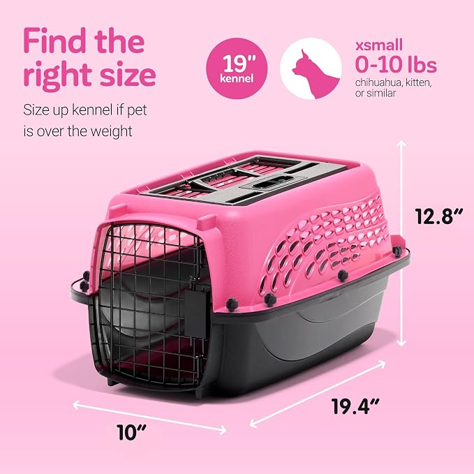 Petmate Two Door Plastic Pet Kennel, XS 19in, Pink, up to 10lbs | Top and Front Loading Dog Crate and Cat Carrier for Small Dogs, Doubles as Travel Kennel