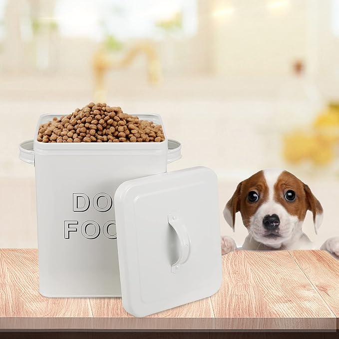 Pethiy airtight Dog Treat container bin and DOG Food Storage Tin with Lid With, 5 lbs, Carbon Steel, White