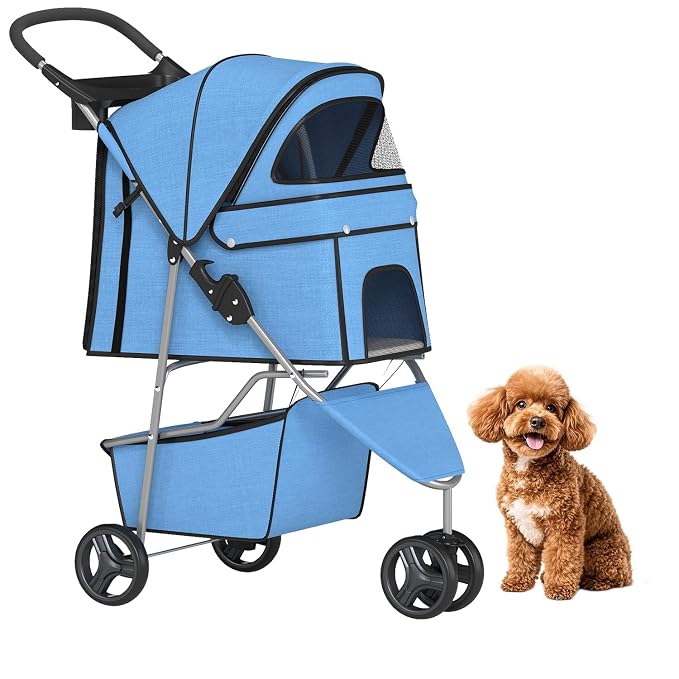 BestPet 3-Wheel Pet Stroller - Blue, Breathable Mesh