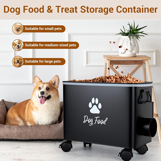 Dog Food Container 13lb, The storage container for small and medium-sized dog and cat food measures 13 inches (length) x 7.1 inches (width) x 11 inches (height), with enough space to hold 13 pounds of pet favorite dry food., 13lb, Metal, Black-L
