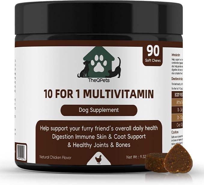 Dog Multivitamin Chews 10-in-1 - Glucosamine Probiotics 3 Billion CFU Omega CoQ10 - Dog Vitamins for Joint Immune Gut Skin Coat - 90 Soft Chews
