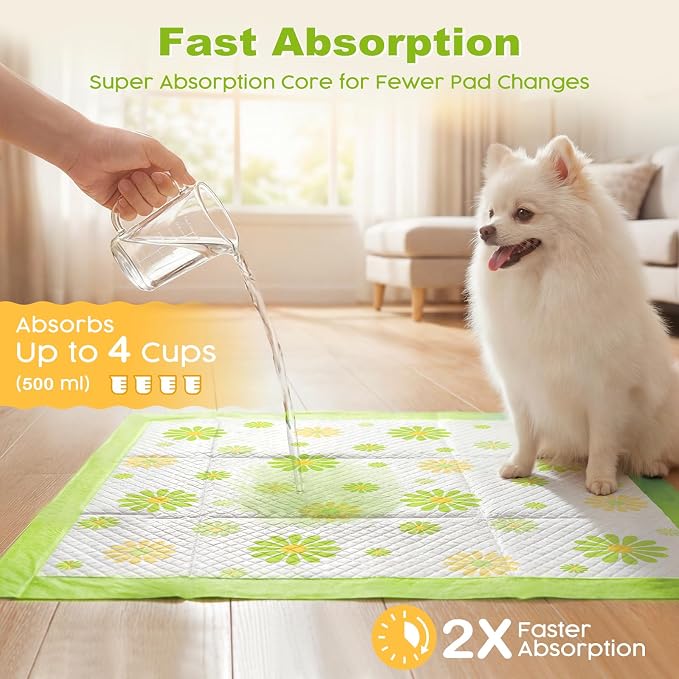 MIZOK Puppy Pads 22"x22", Dog Pee Pads 6-Layer Super Absorbent & Leak-Proof, Daisy Pattern, 4-Corner Adhesive Tabs, Wee Wee Pads for Puppies & Small Dog Breeds, Regular Size (50 Counts)