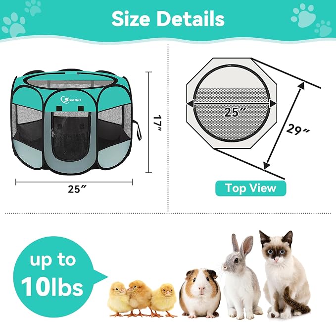 Siedihit Playpen for Small Dog Cat, Dogs Tent Crate Cage Indoor/Outdoor, Portable Pop Up Dog Kennel with Carrying Bag for Rabbits, Removable Top (Green, Small)