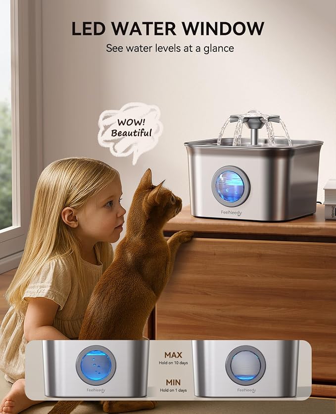 Stainless Steel Cat Water Fountain, 2.8L with 20dB Ultra-Quiet Pump- Ideal for Timid Pets, LED Water Level Window, Dishwasher Safe, 24/7 Circulation- Includes 6 Replacement Filters