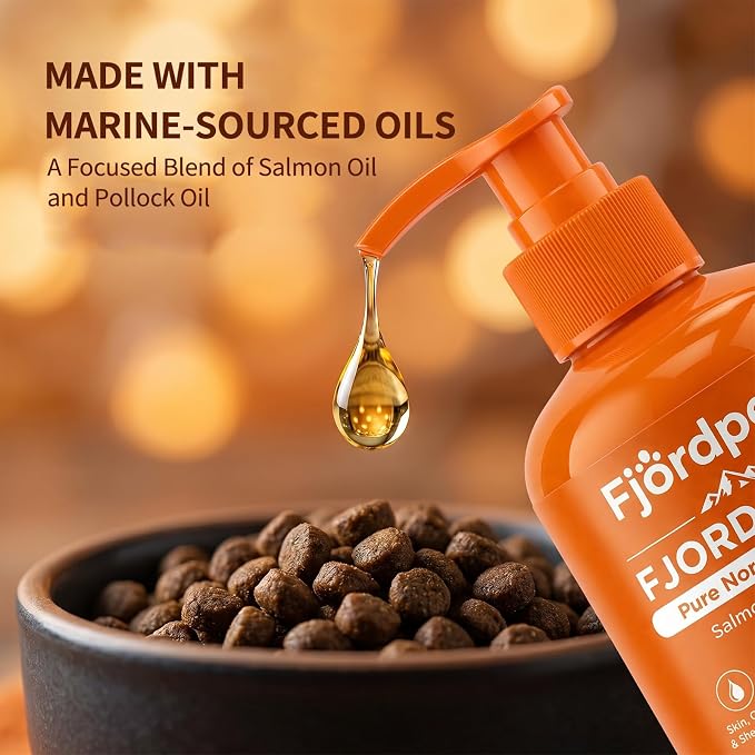 Fjordpets Fjord Coat Marine Oil for Dogs, Omega-3 Salmon and Pollock Fish Oil with EPA and DHA, Liquid Drops Supplement for Skin & Coat, 7.05 fl oz