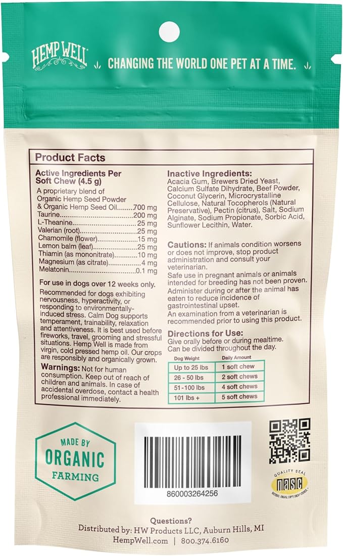 Hemp Well Calm Soft Chews for Dogs, Organic Stress Relief for Pets, 8ct