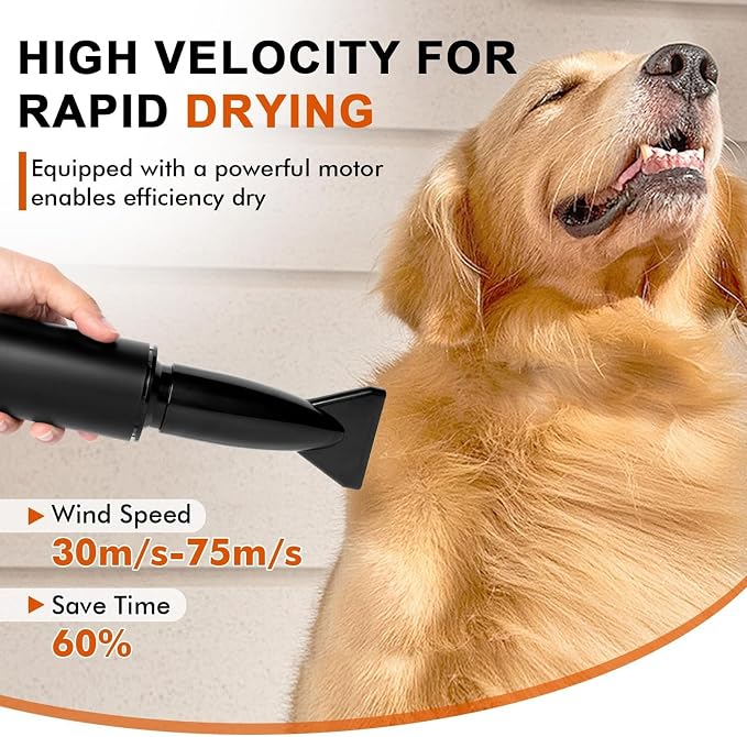 Dog Hair Dryer, High-Velocity Pet Grooming Blow Dryer, Adjustable Speed & Temperature, Noise Reduction, 5 Nozzles for Efficient Drying