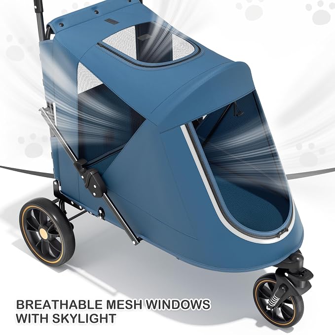 MoNiBloom Pet Stroller for Large Dogs or Dogs Cats up to 55 lbs, Navy Blue | with Adjustable Handle, 3-Wheels Dual Entry Portable Dog Carting Easy Folding Pet Wagon Double Multiple Dog Stroller