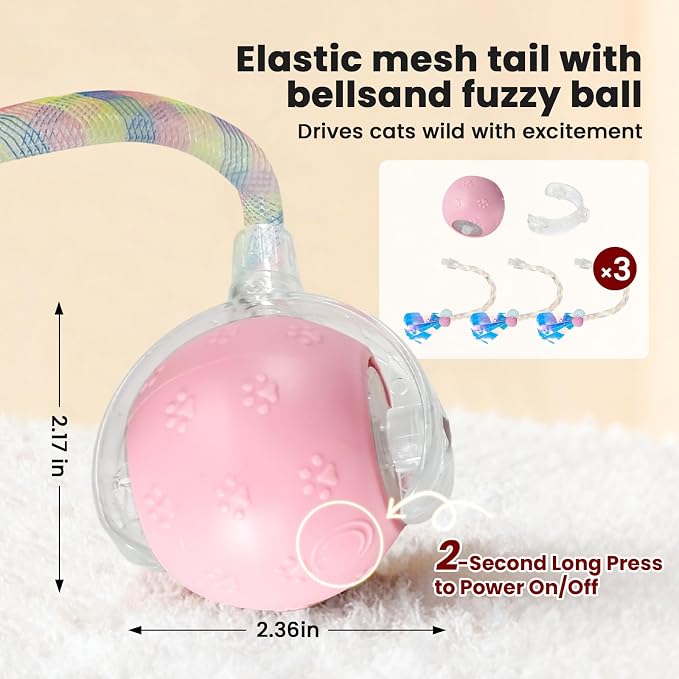 Rocfish Durable Interactive Cat Toys for Indoor Cats (Pink, 03) | Smart Automatic Cat Chase Ball Toy, Upgraded Speedy Tail Kitten Toy for Bored Indoor Adult Pets