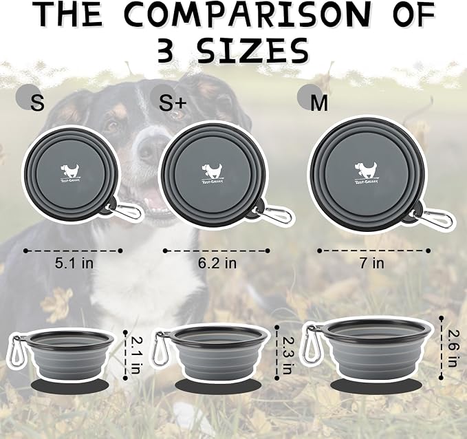 Collapsible Dog Bowls, 2 Pack, with Carabiners, Grey & Black, Small
