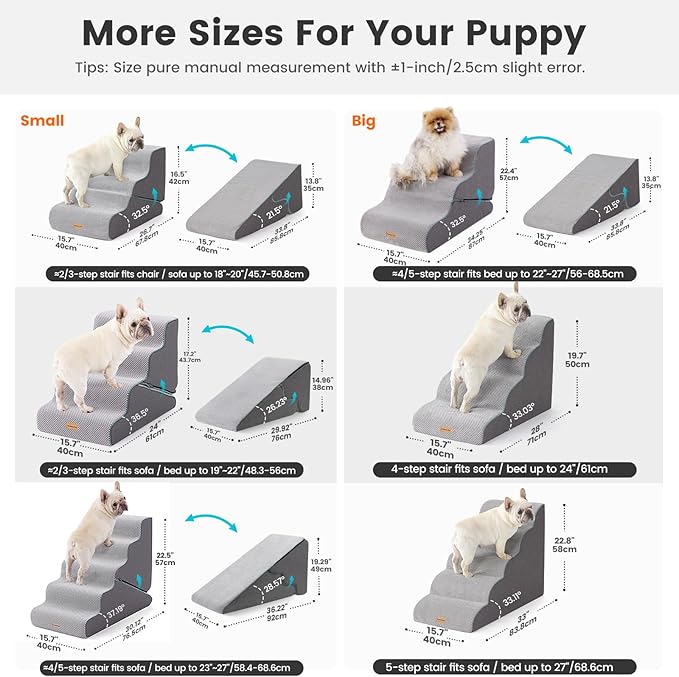 Gardner Pet Dog Stairs for Small Dogs 22.4" H, Large 2 in 1 Transformable 3-Step Pet Stairs and ramp, Dog Steps for High Bed (22-27") with Non-Slip Waterproof Cover CertiPUR-US Certified Foam, Grey