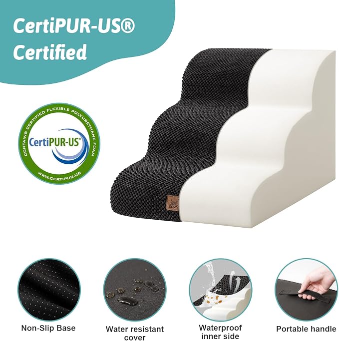 COZY KISS Dog Stairs for Small Dogs 15.7" H, Curved Dog Step for Puppy, Older Cat, Medium Pet Ramp for Sofa, Couch or Chair, Ladder with High Density Foam, 3 Step, 15.7x22.4x15.7 inch, Black