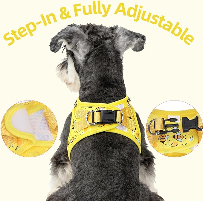 PUPTECK Dog Harness and Leash Set for Small Medium Dogs No Pull Step-in Soft Mesh Puppy Cat Vest Harnesses Reflective at Night, Yellow Bee, M