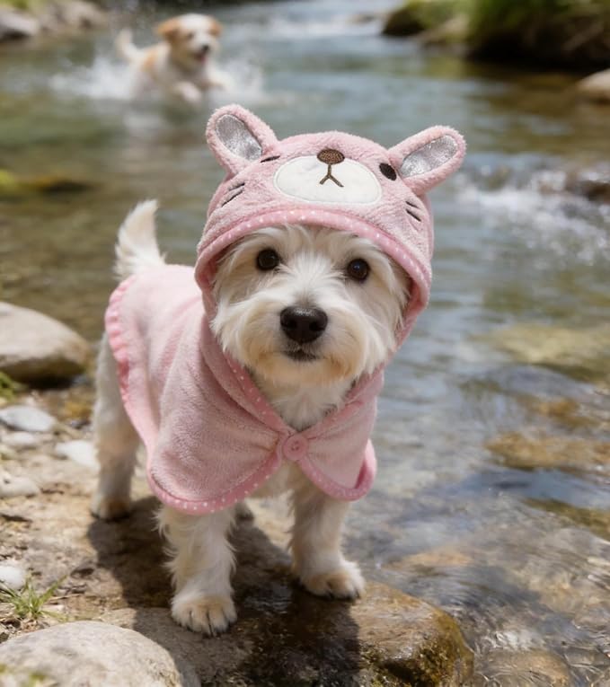 Dog Hooded Bathrobe Towel, Fast Drying Bath Towel Absorbent Warm Blanket Pink L
