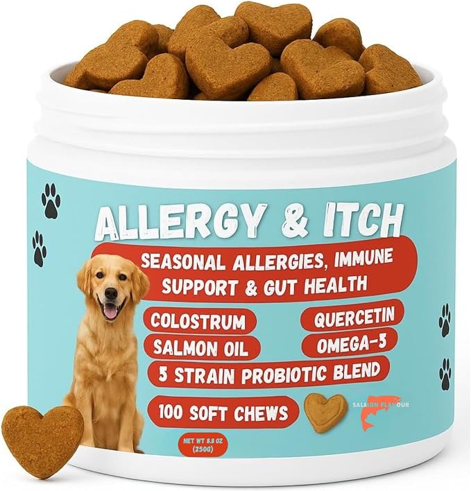 Dog Allergy Relief Chews – Anti-Itch Skin & Coat with Probiotics, Omega 3 & Colostrum – Itchy Skin, Paw Licking & Seasonal Allergies Support – Salmon Flavor – 100 Soft Chews